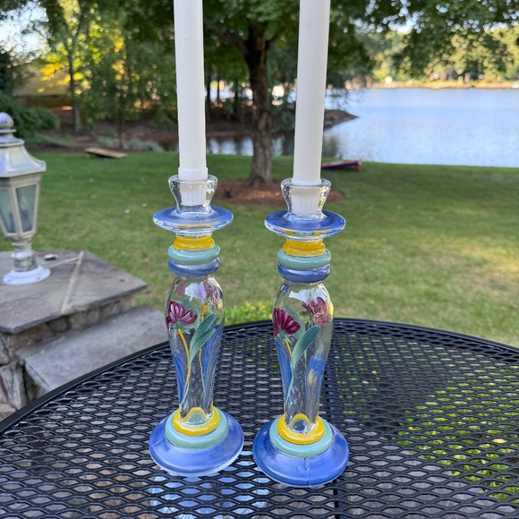 ๐๐ 3/$30 Lenox glass Candlesticks "Poppies on Blue" - Picture 5 of 6